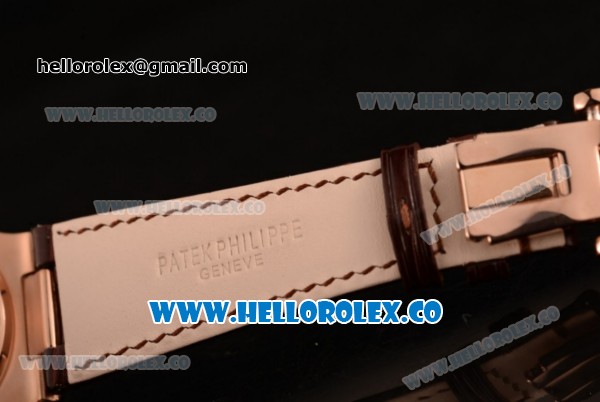 Patek Philippe Nautilus Miyota 9015 Automatic Rose Gold Case with White Dial and Brown Leather Strap - Click Image to Close